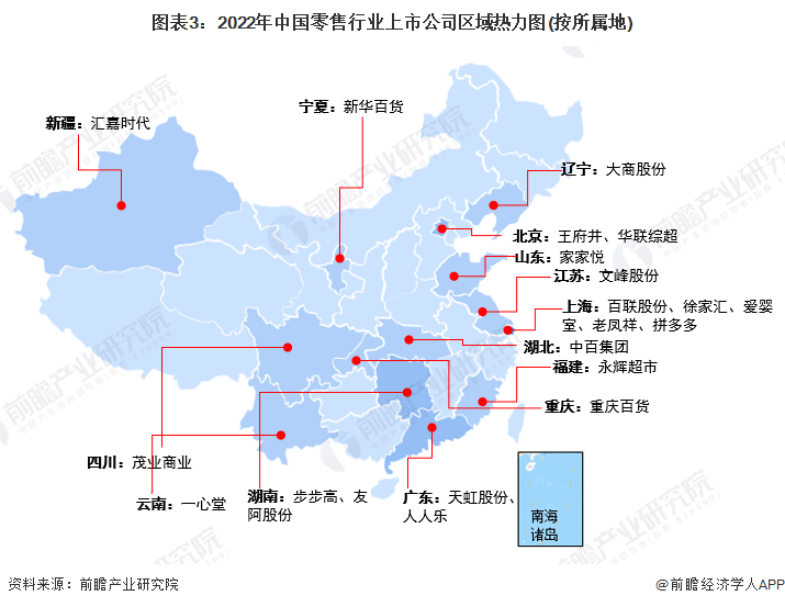 圖表3：2022年中國零售行業(yè)上市公司區(qū)域熱力圖(按所屬地)