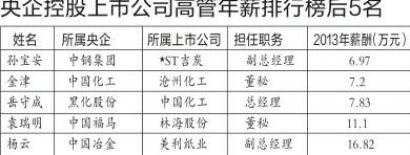 央企控股上市公司高管年薪后5名。