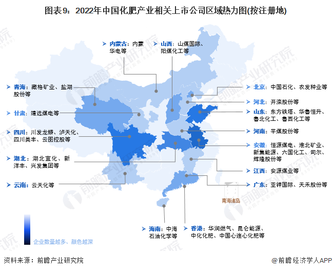 圖表9：2022年中國化肥產(chǎn)業(yè)相關上市公司區(qū)域熱力圖(按注冊地)